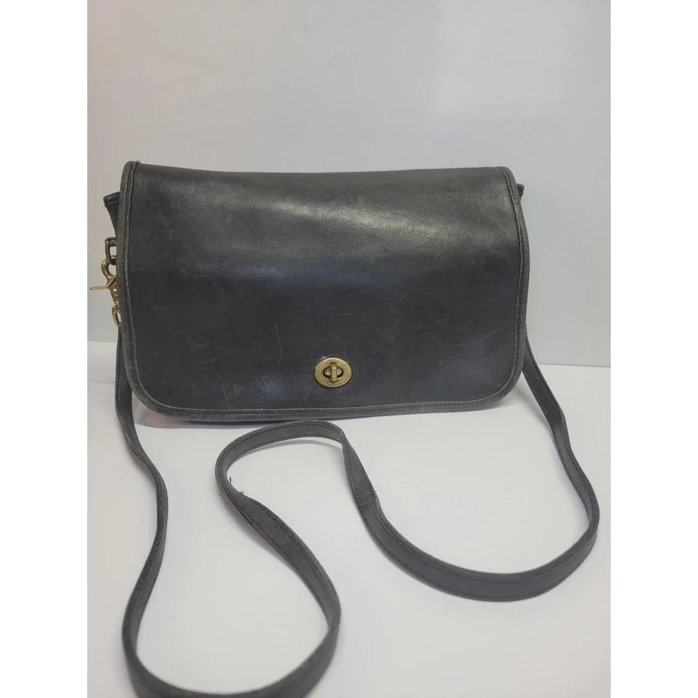 Vintage Coach City Bag Black Leather Crossbody Bag Brass Hardware Classic Purse